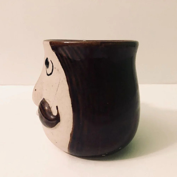 Vintage Mustache Guard Brown  Mug Pottery Stoneware 3D Face Japan - Picture 3 of 12
